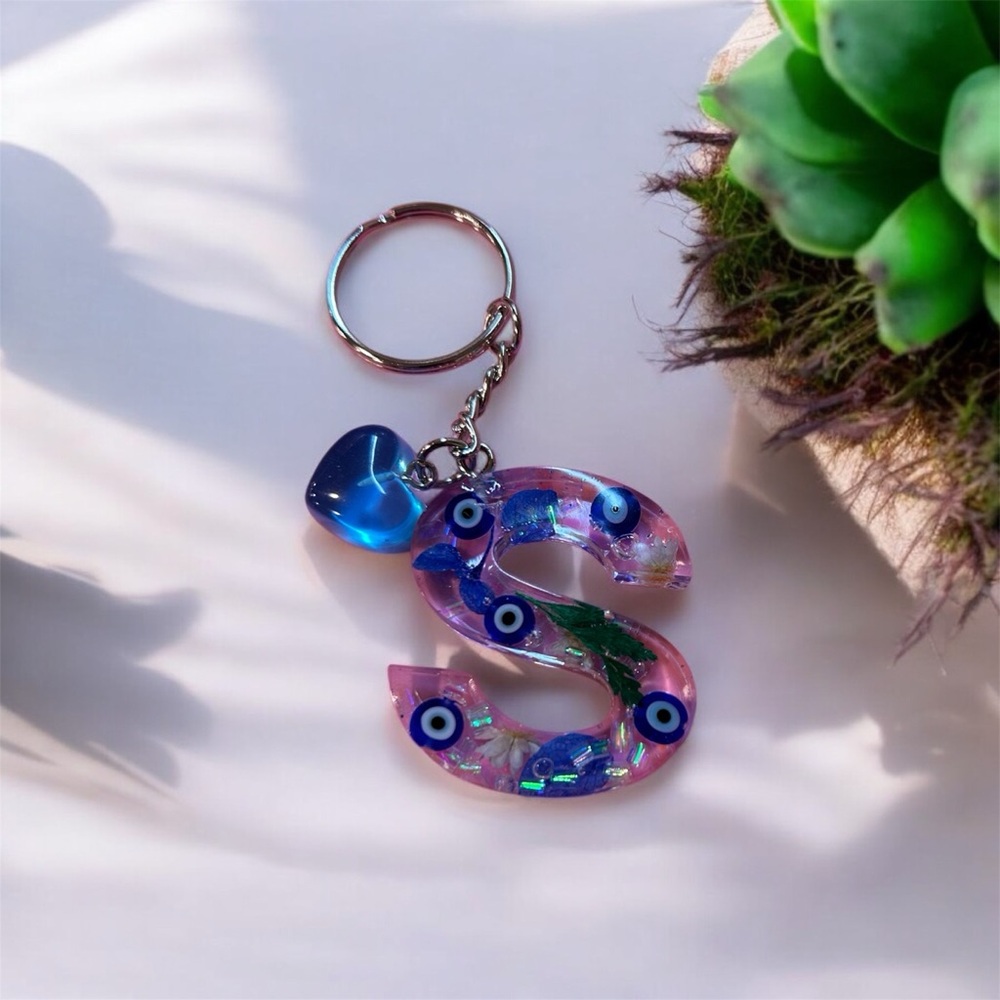 Colorful Letter S Keychain with Evil Eye Charms
